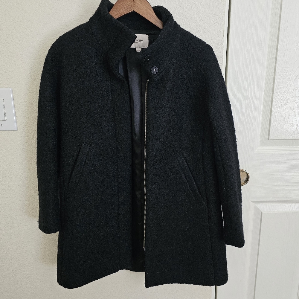 Ann Taylor LOFT Teddy Trench Coat Jacket Mid Length Black PM Petite Medium